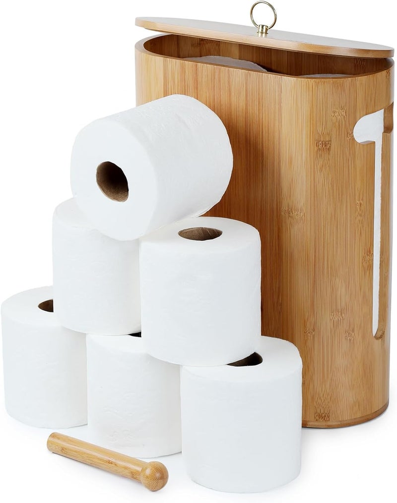 GOBAM Bamboo Toilet Paper Storage with Dual-Use Lid, Freestanding Bathroom Tissue Organizer with Viewing Slot, Built-In Handle, Anti-Slip Base, Compact Toilet Paper Holder Stand for up to 6 Mega Rolls - Image 1